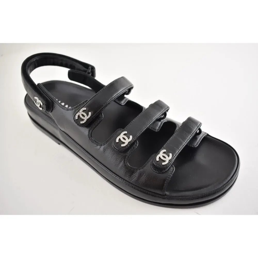 Chanel 24S Black Leather Triple Strap CC Logo Mule Slide Teva Dad Sandal Flat 41
